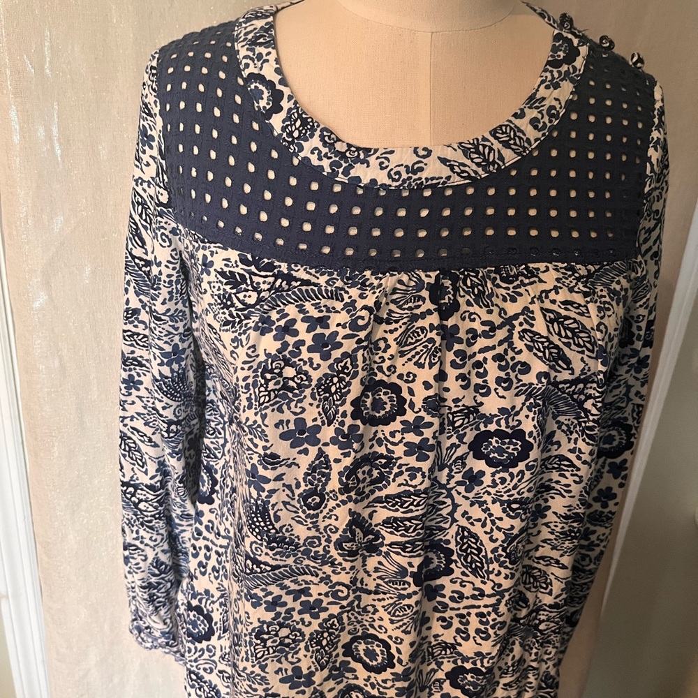 Womens Navy and White Printed Long-Sleeve Top